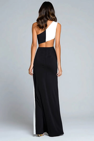 Black and White Sheath Cut Out One Shoulder Formal Dress With Slit